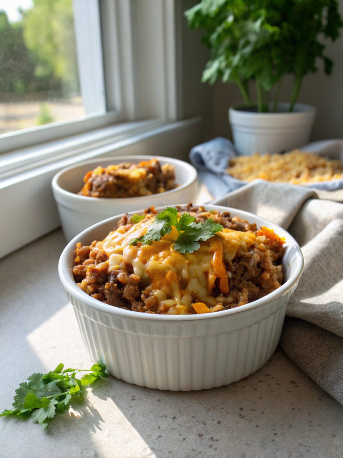 SEO-friendly alt text describing the presentation of Cheesy Ground Beef Rice Casserole