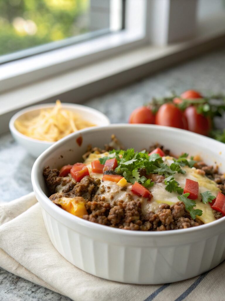 Delicious Cheesy Ground Beef Skillet served in a white plate