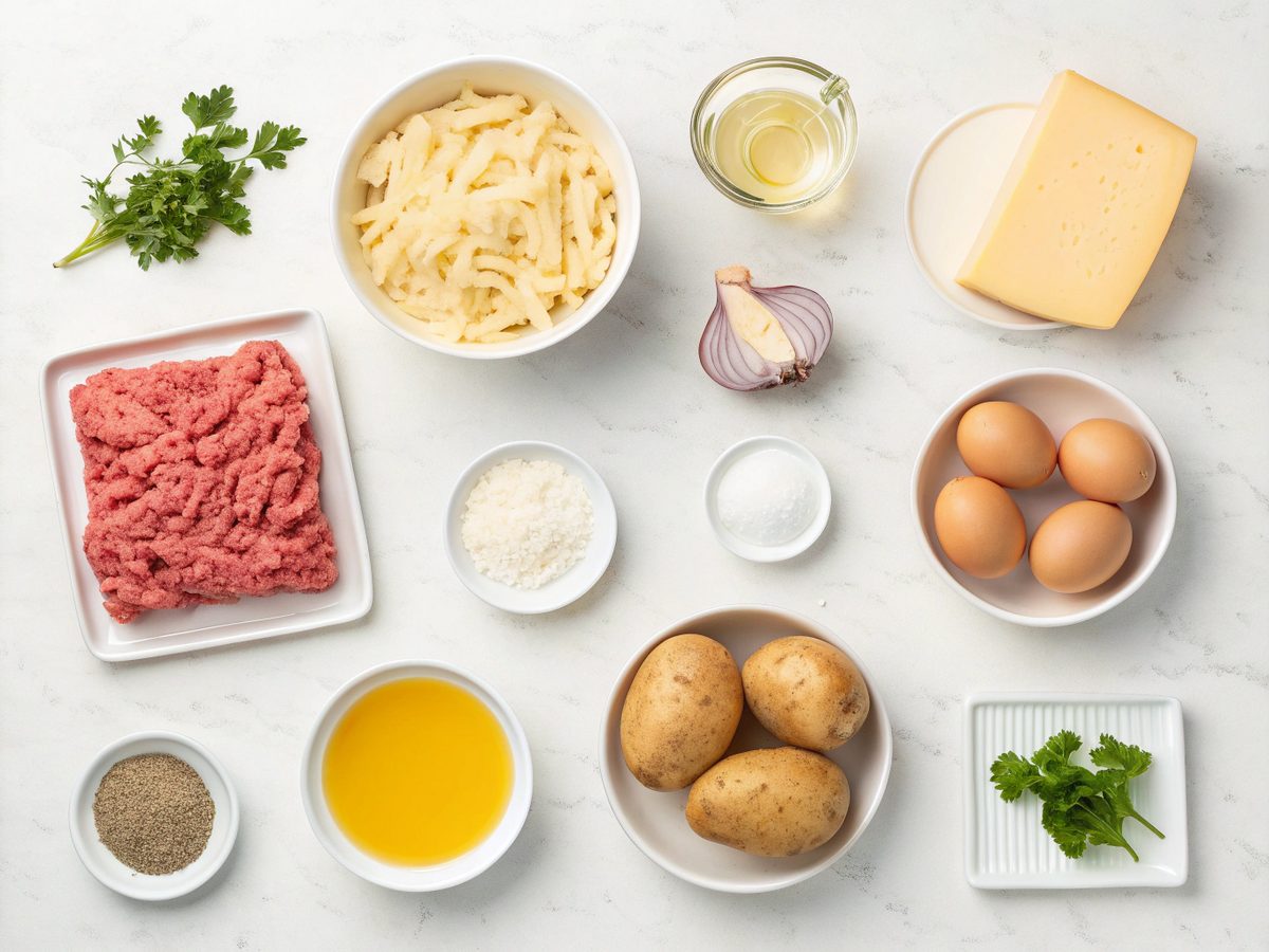Flat lay of ingredients for cheesy hamburger potato soup on a kitchen board.