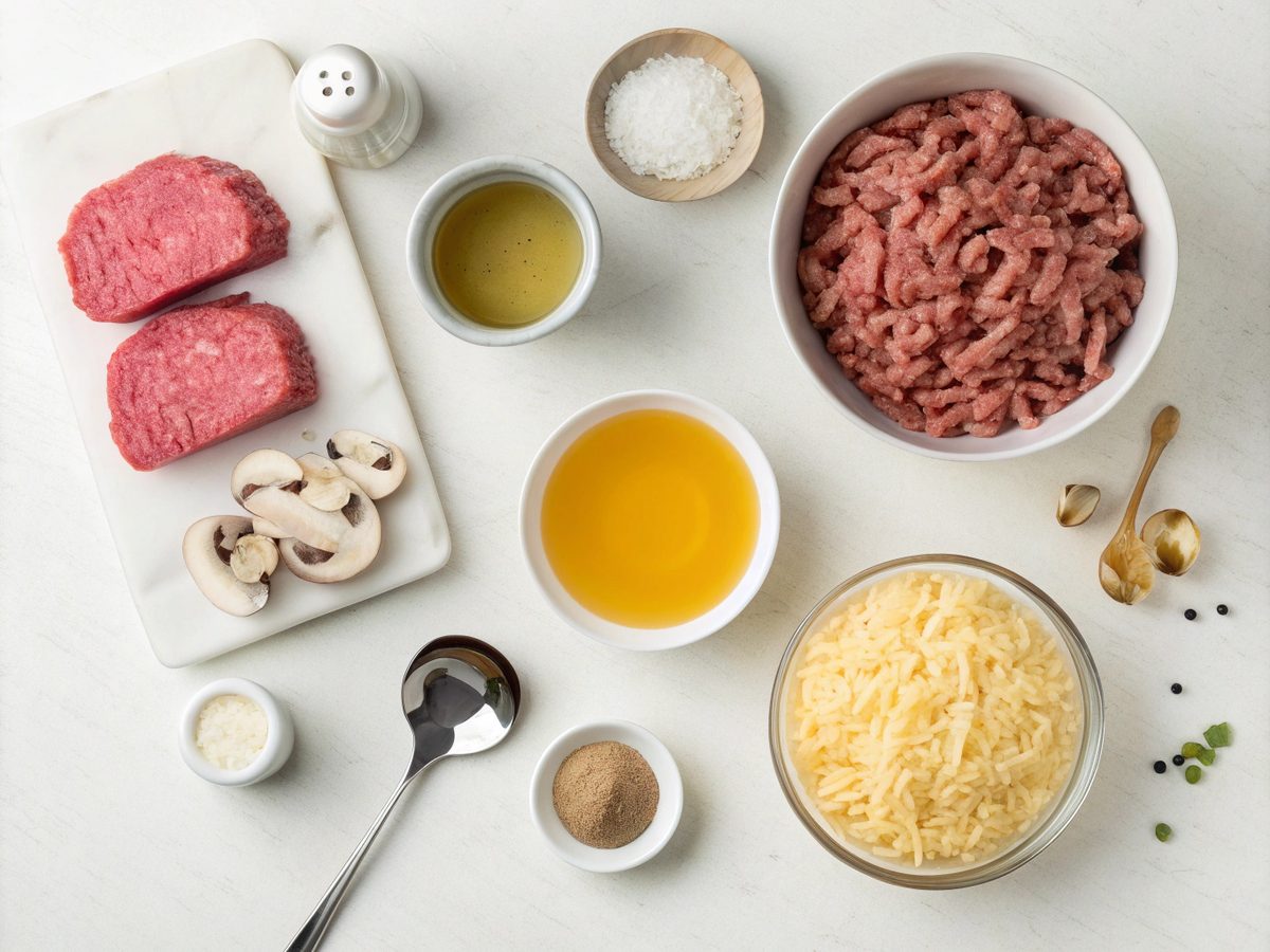 Visual display of ingredients for cheesy hamburger rice casserole recipe.