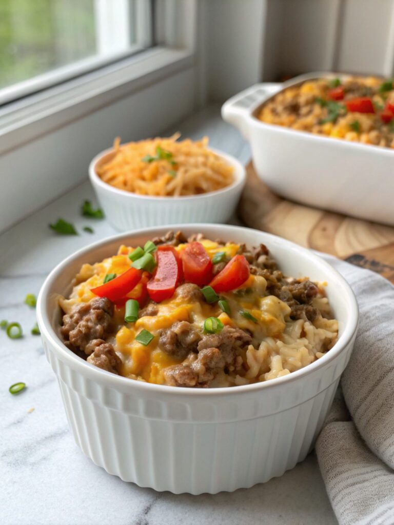 Scrumptious Cheesy Hamburger Rice Casserole freshly baked