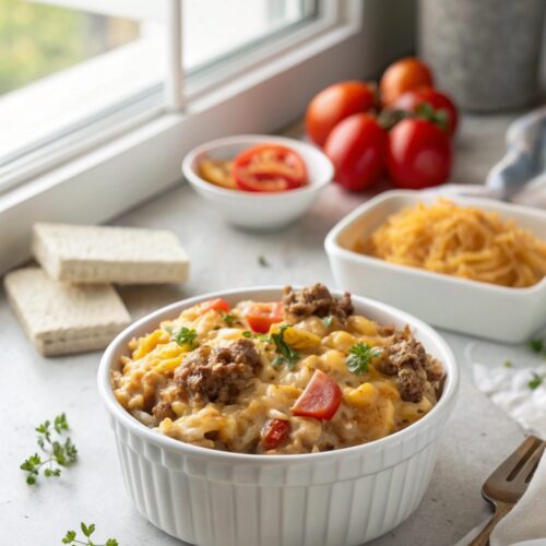 Featured image of cheesy hamburger rice casserole, served warm and fresh.
