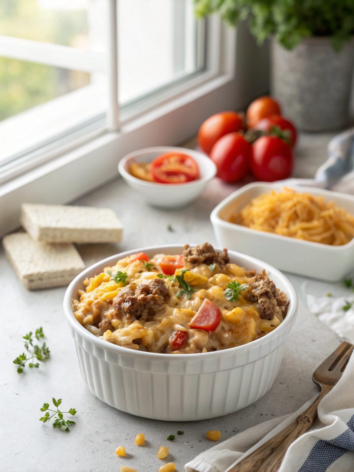 Featured image of cheesy hamburger rice casserole, served warm and fresh.