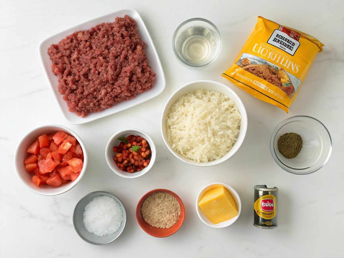 All ingredients for making cheesy taco rice skillet.