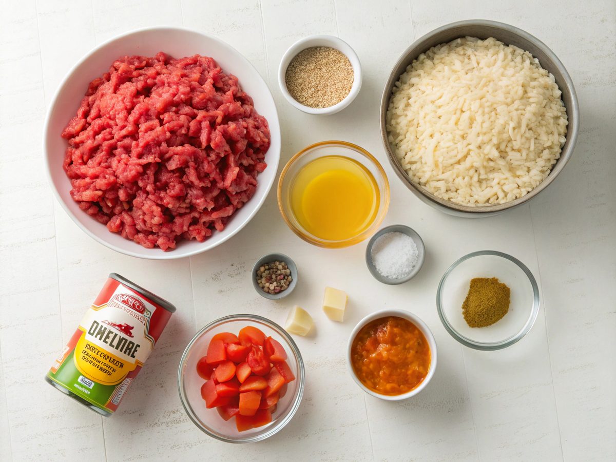 Ingredients for cheesy taco rice skillet recipe