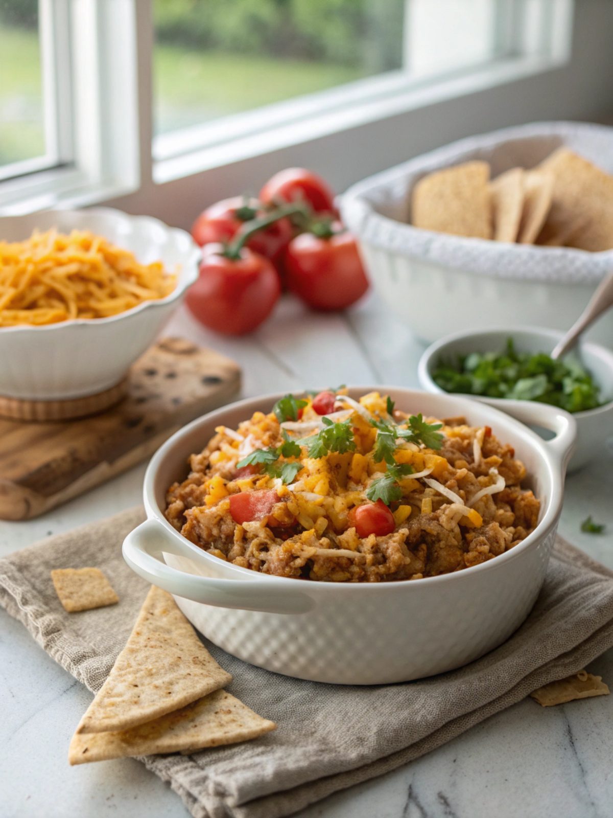 Cheesy taco rice skillet served in a bowl, vibrant and ready to eat.