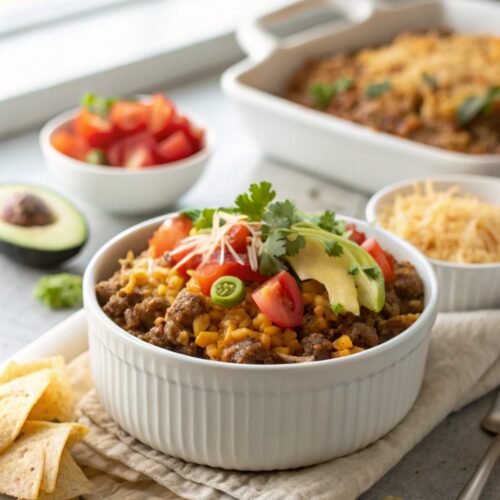 A deliciously cooked cheesy taco rice skillet shown in a skillet with fresh garnish.