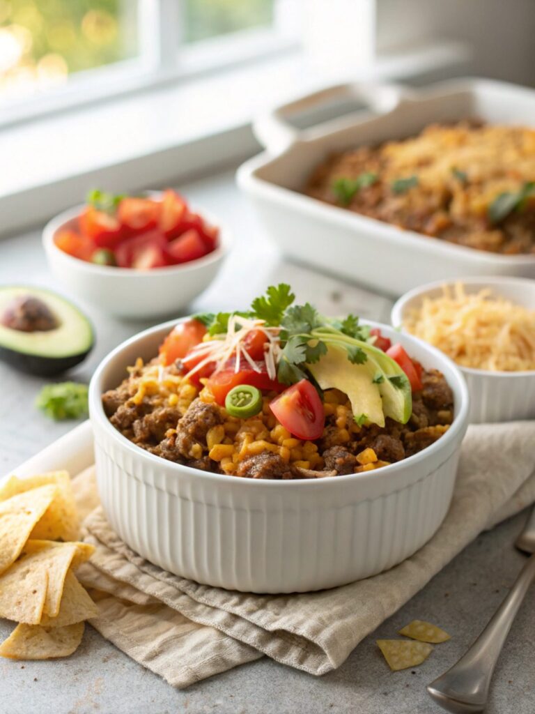 A deliciously cooked cheesy taco rice skillet shown in a skillet with fresh garnish.