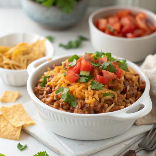 Savory cheesy taco rice skillet served in a skillet