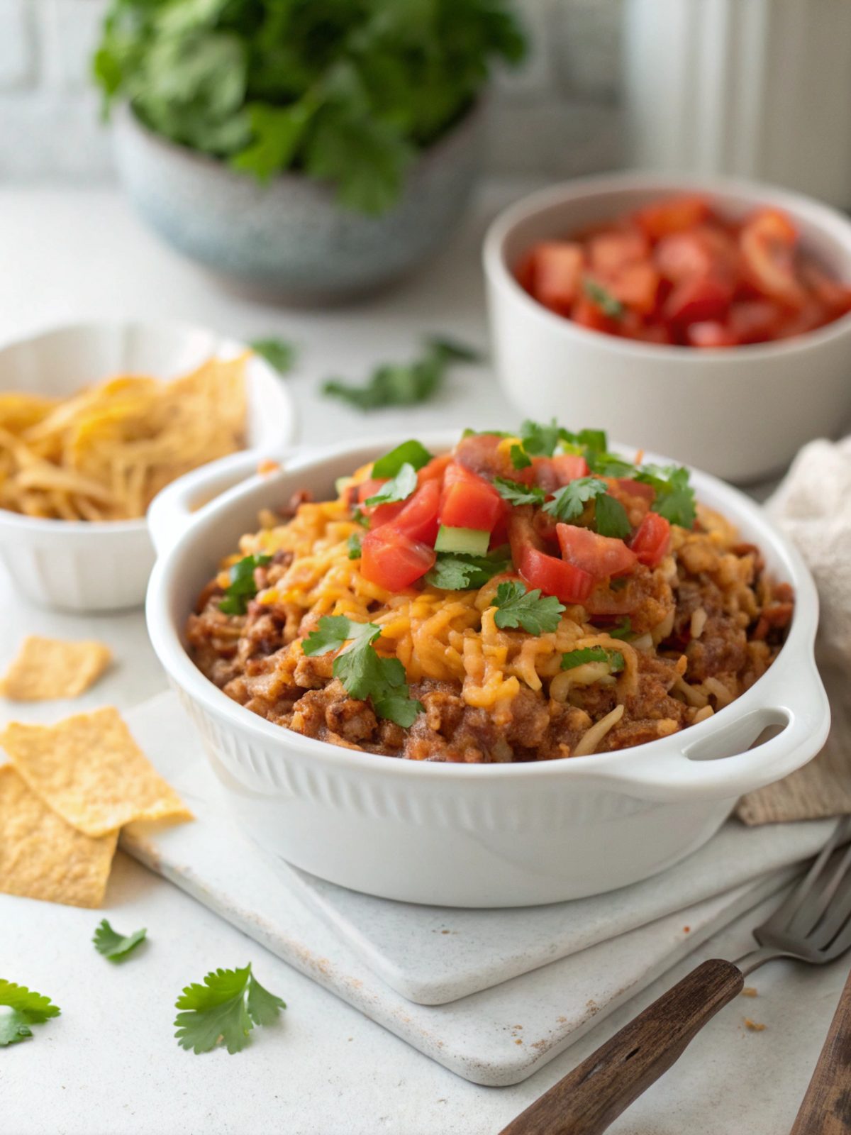 Savory cheesy taco rice skillet served in a skillet