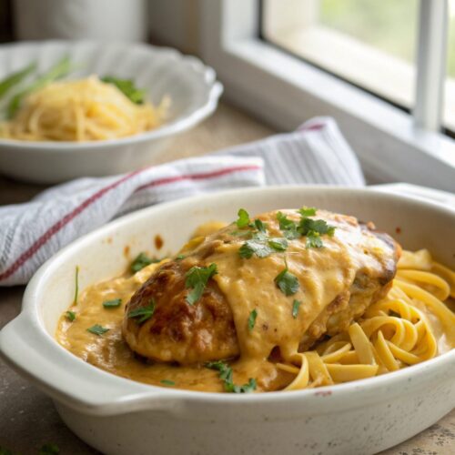 Delicious Cheesy Texas Roadhouse Smothered Chicken served hot and fresh