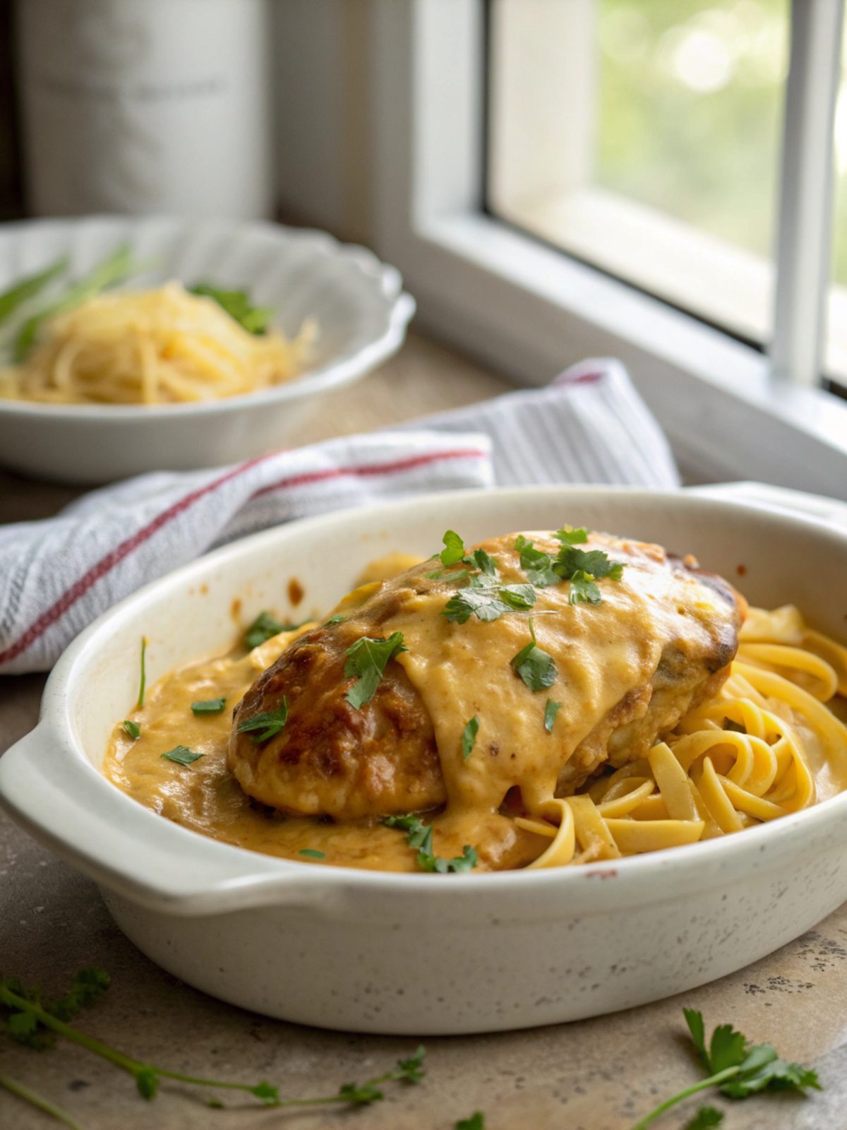 Delicious Cheesy Texas Roadhouse Smothered Chicken served hot and fresh