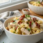 Featured image of Chicken Bacon Ranch Pasta, served in a white bowl