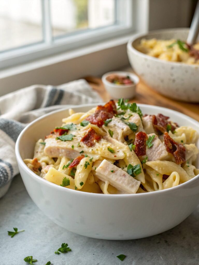 Featured image of Chicken Bacon Ranch Pasta, served in a white bowl