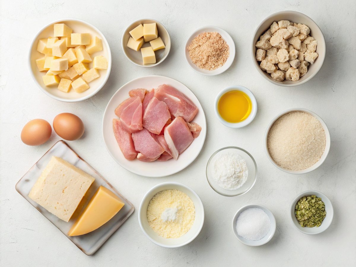 Ingredients for Chicken Cordon Bleu Bites arranged on a kitchen counter