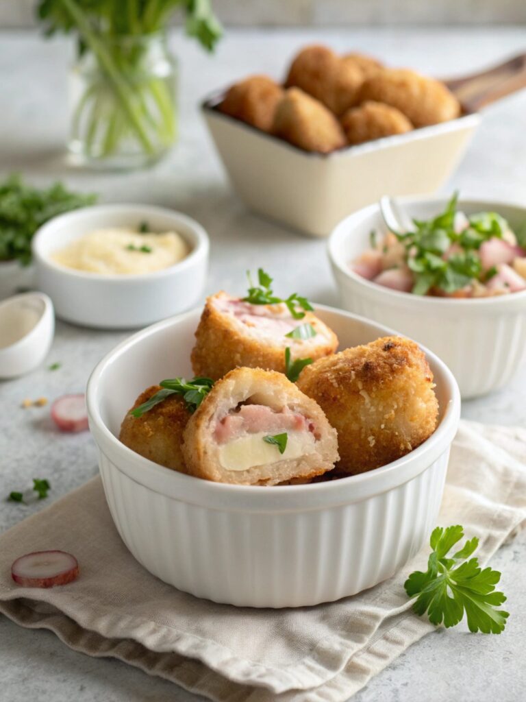 Golden Chicken Cordon Bleu Bites served on a plate with garnish