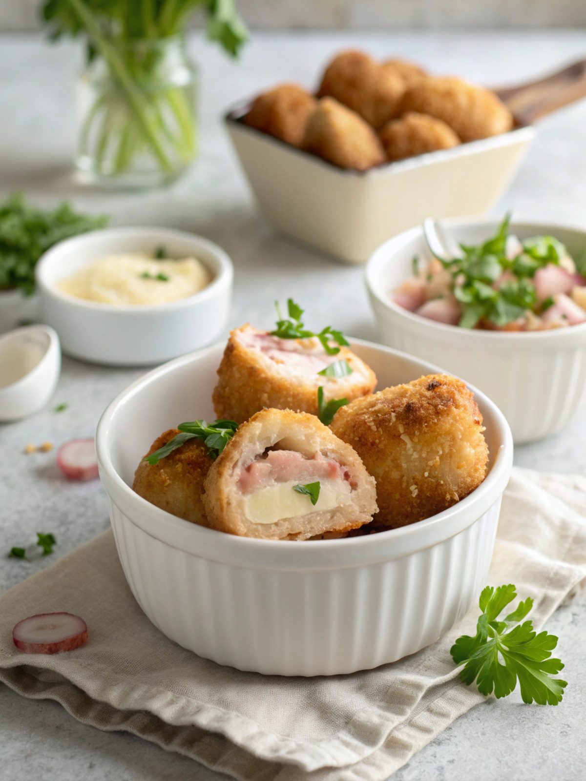 Golden Chicken Cordon Bleu Bites served on a plate with garnish