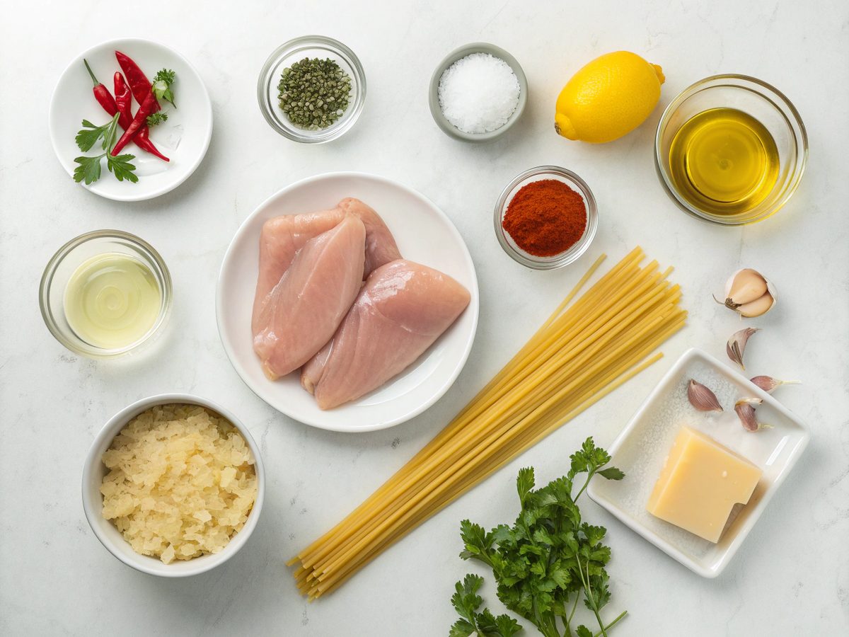Flat lay of ingredients for Chicken Linguine Cowboy Butter including pasta, chicken, butter, and spices.