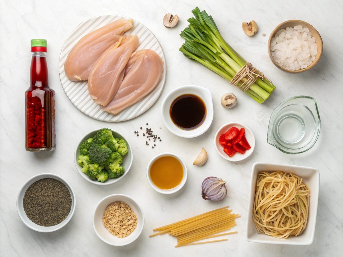 An arrangement of Chicken Lo Mein ingredients, including noodles, chicken, and vegetables.
