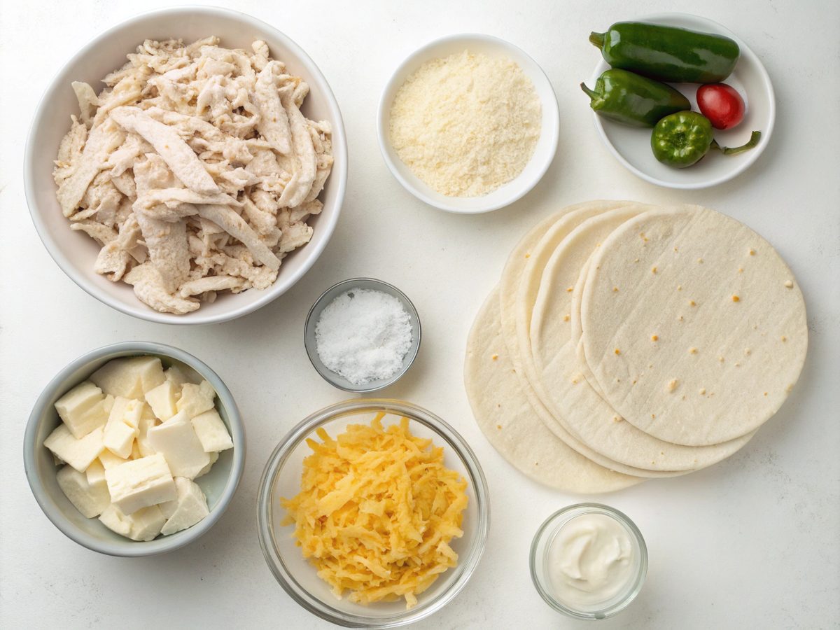 Ingredients for chicken ranch quesadilla recipe.