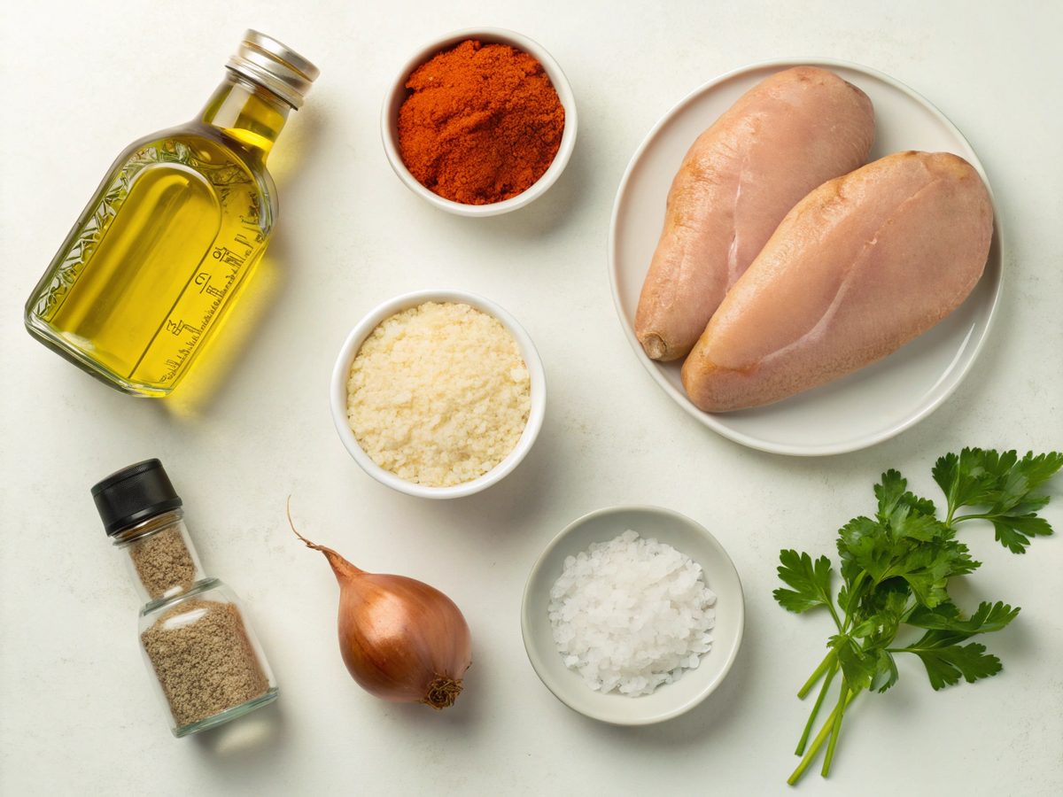 Ingredients for making Chicken Sweet Potato Rice Bowl, including chicken, sweet potatoes, and rice.