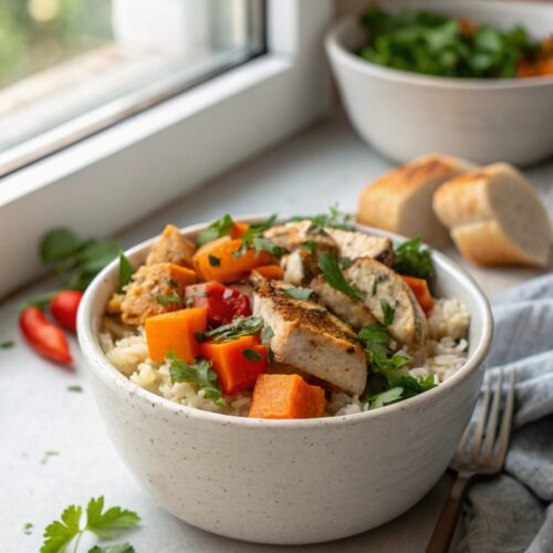 Featured image of Chicken Sweet Potato Rice Bowl served in a modern bowl