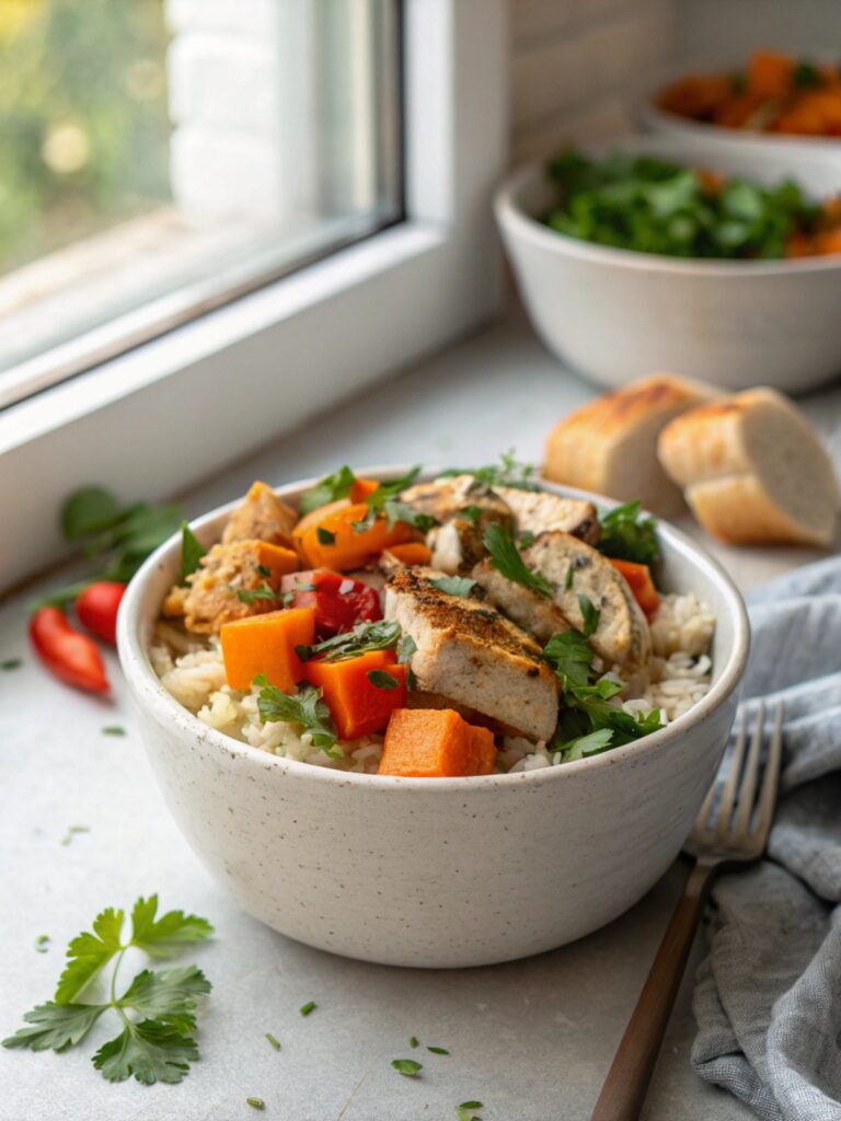 Featured image of Chicken Sweet Potato Rice Bowl served in a modern bowl