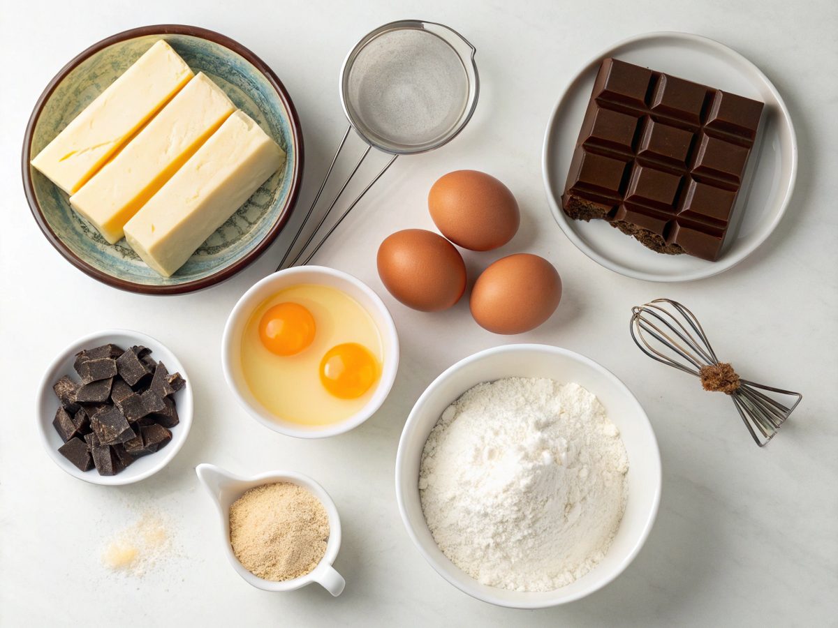 A top view of chocolate lava cake ingredients including chocolate, butter, eggs, and sugar.