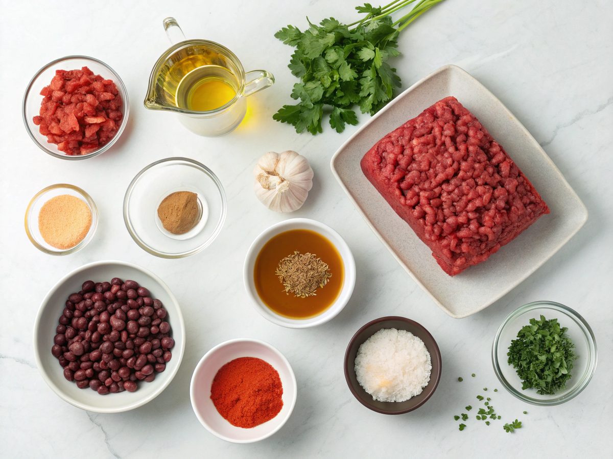 Ingredients for making classic beef chili with beans including beef, beans, and spices