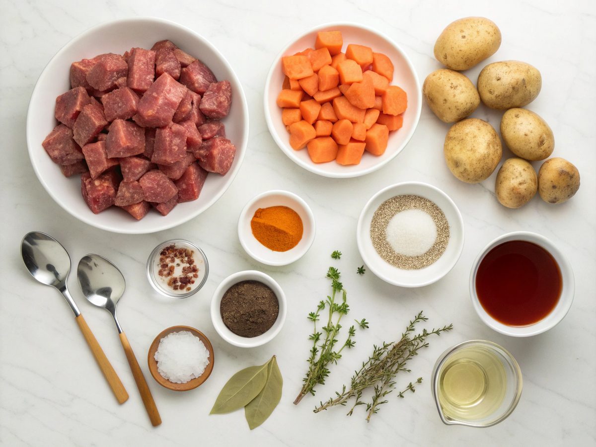 An assortment of ingredients for the classic beef stew crock pot recipe