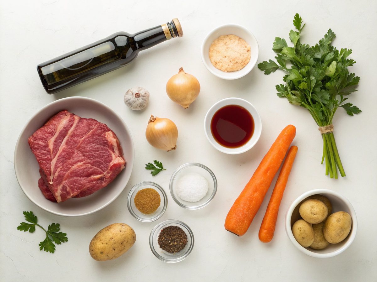Aerial view of classic beef stew ingredients organized neatly on a kitchen counter.