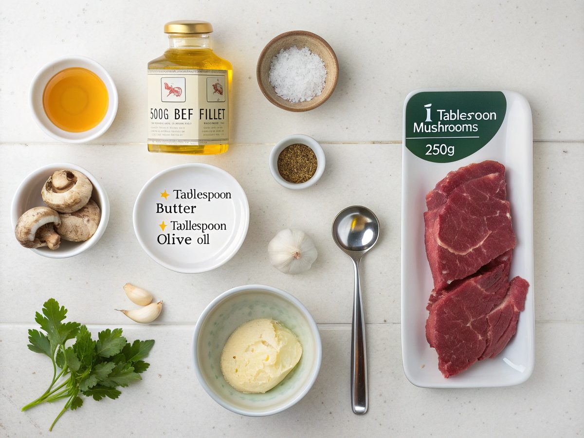 Ingredients for making classic beef stroganoff recipe.