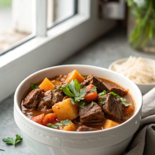 A steaming bowl of old-fashioned beef stew, showcasing tender beef and hearty vegetables