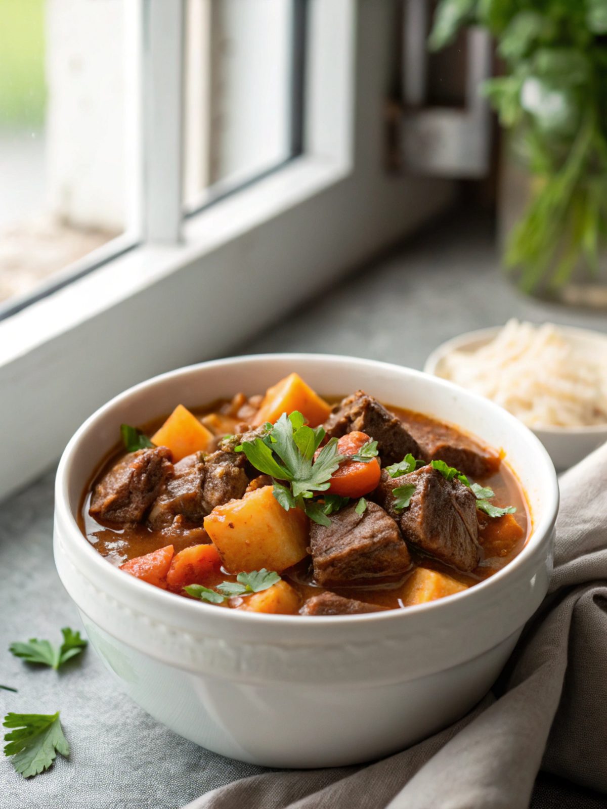 A steaming bowl of old-fashioned beef stew, showcasing tender beef and hearty vegetables