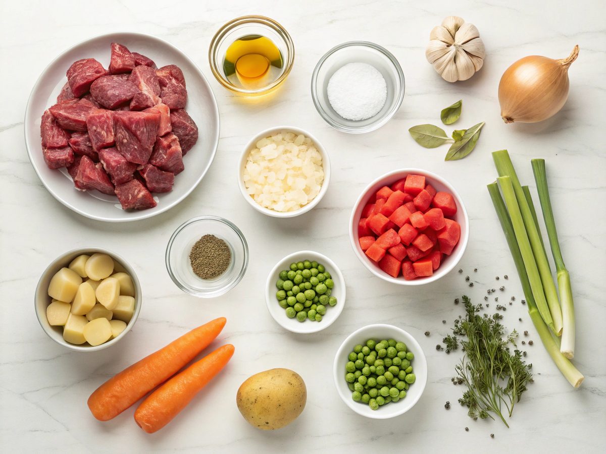 Ingredients for making a hearty old fashioned vegetable beef soup