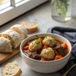 A close-up image of beef stew with dumplings served in a bowl
