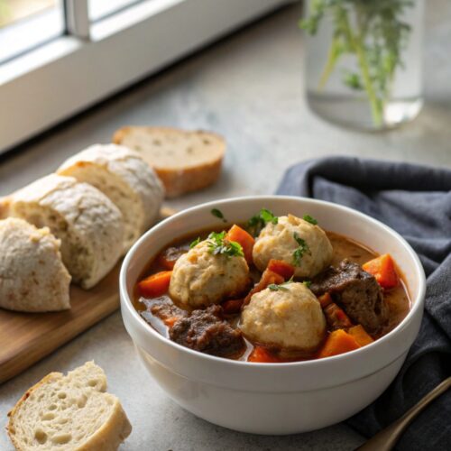 A close-up image of beef stew with dumplings served in a bowl
