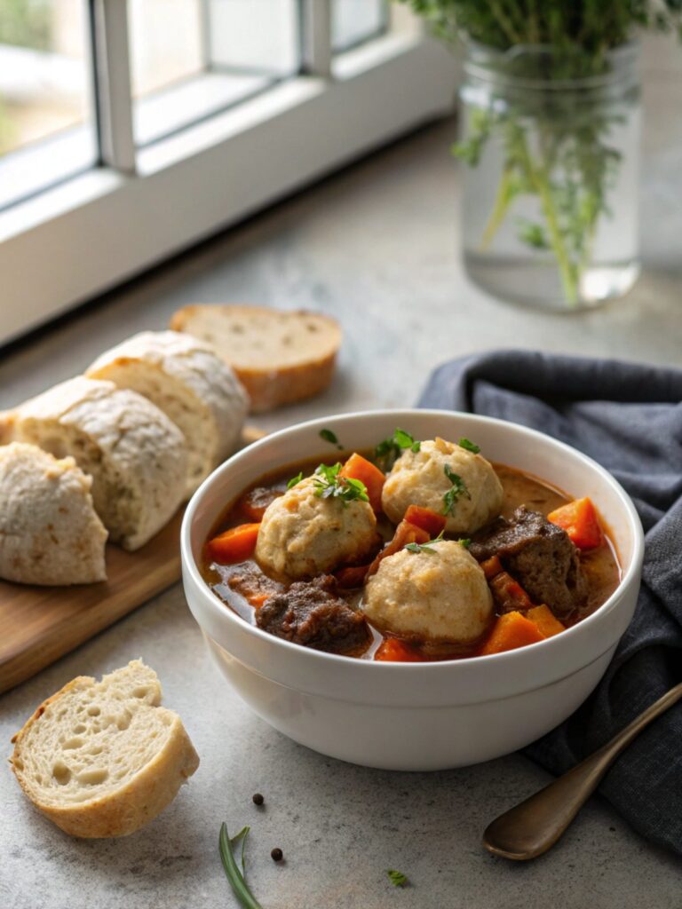 A close-up image of beef stew with dumplings served in a bowl