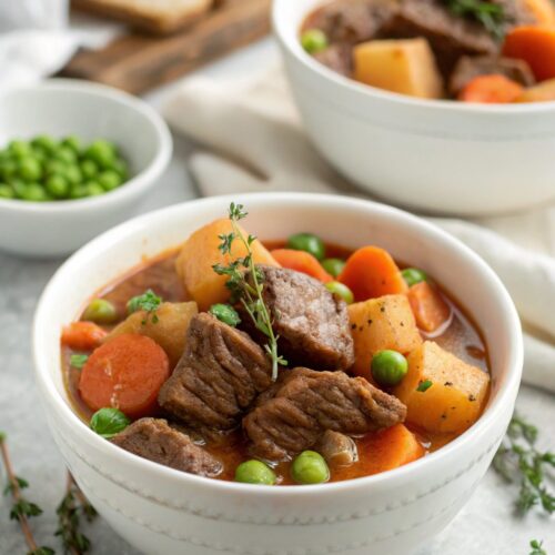A delicious bowl of crockpot beef stew with beef and vegetables