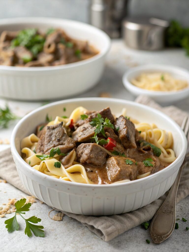 Plated and garnished stovetop beef stroganoff served warm.