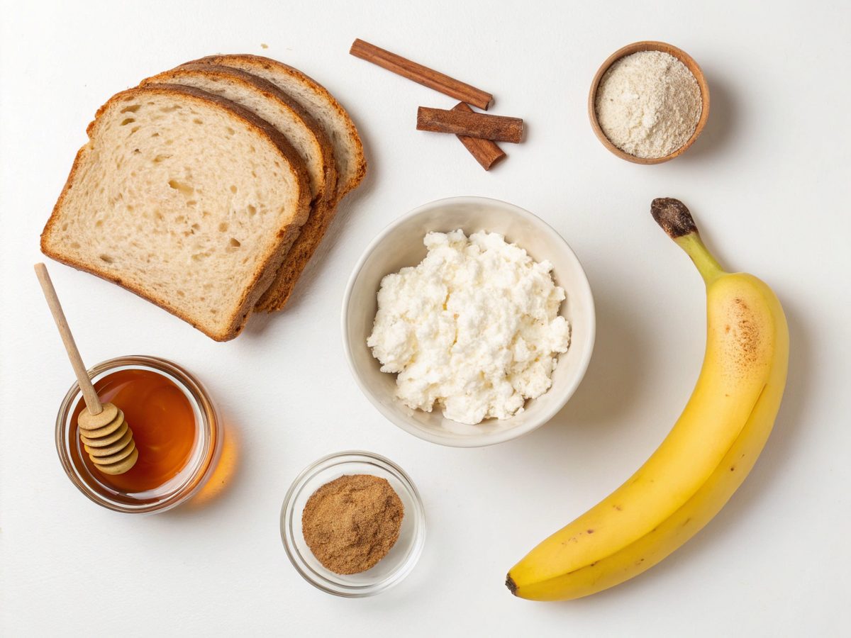 A colorful layout of ingredients needed for making Cottage Cheese Banana Toast.