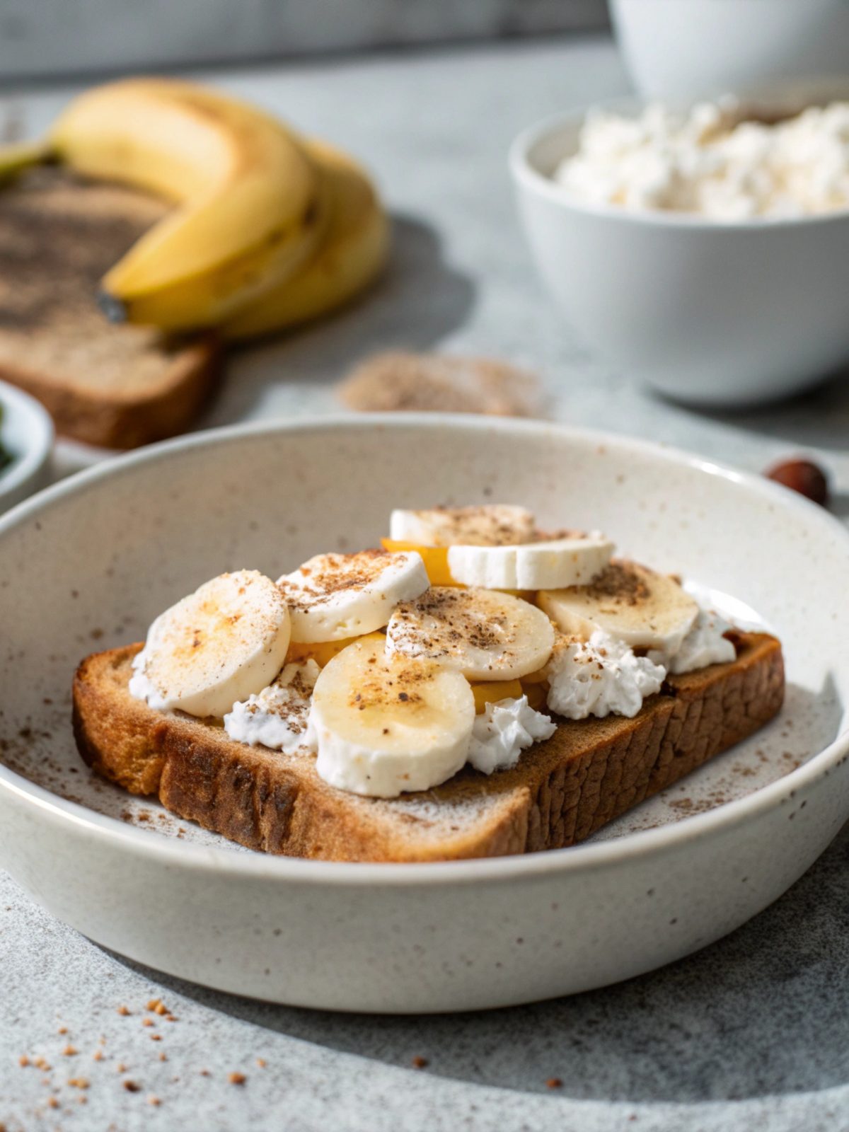 A deliciously styled Cottage Cheese Banana Toast for breakfast