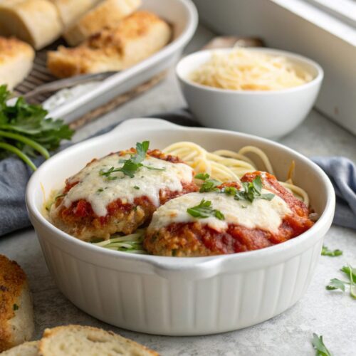 A plate of Deliciously Easy Cottage Cheese Chicken Parm with a golden cheese topping