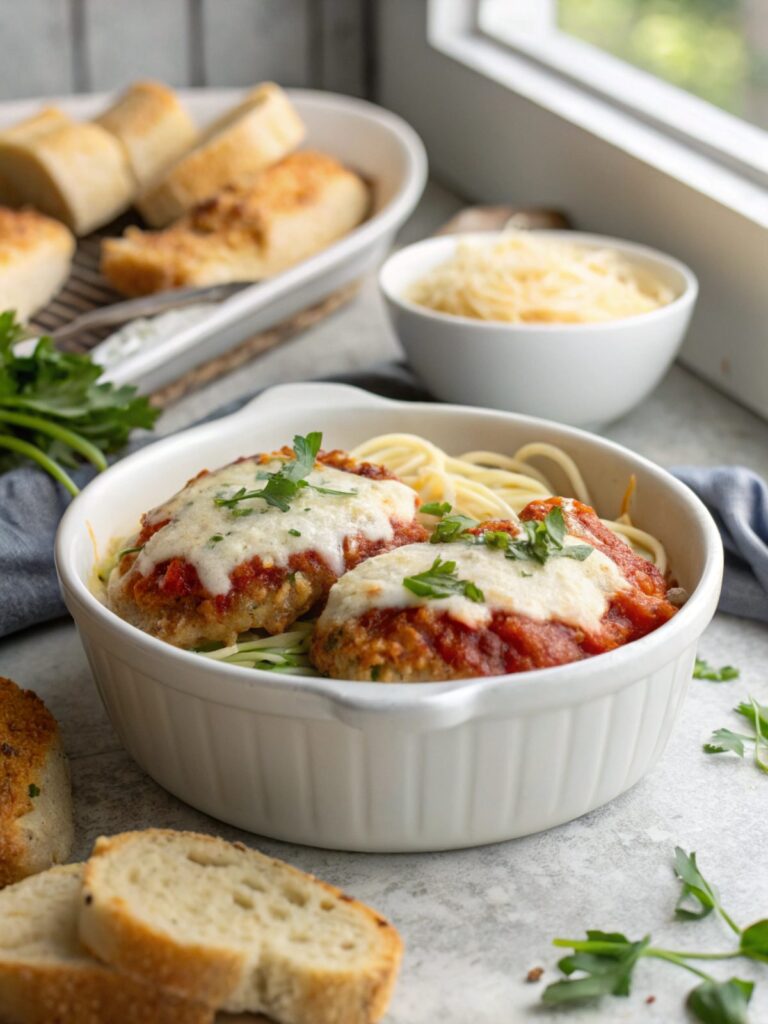 A plate of Deliciously Easy Cottage Cheese Chicken Parm with a golden cheese topping