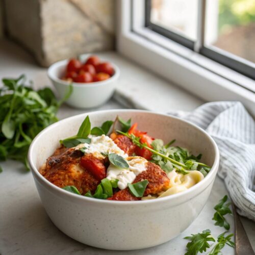 Delightful Cottage Cheese Chicken Parm Bowl, served hot.