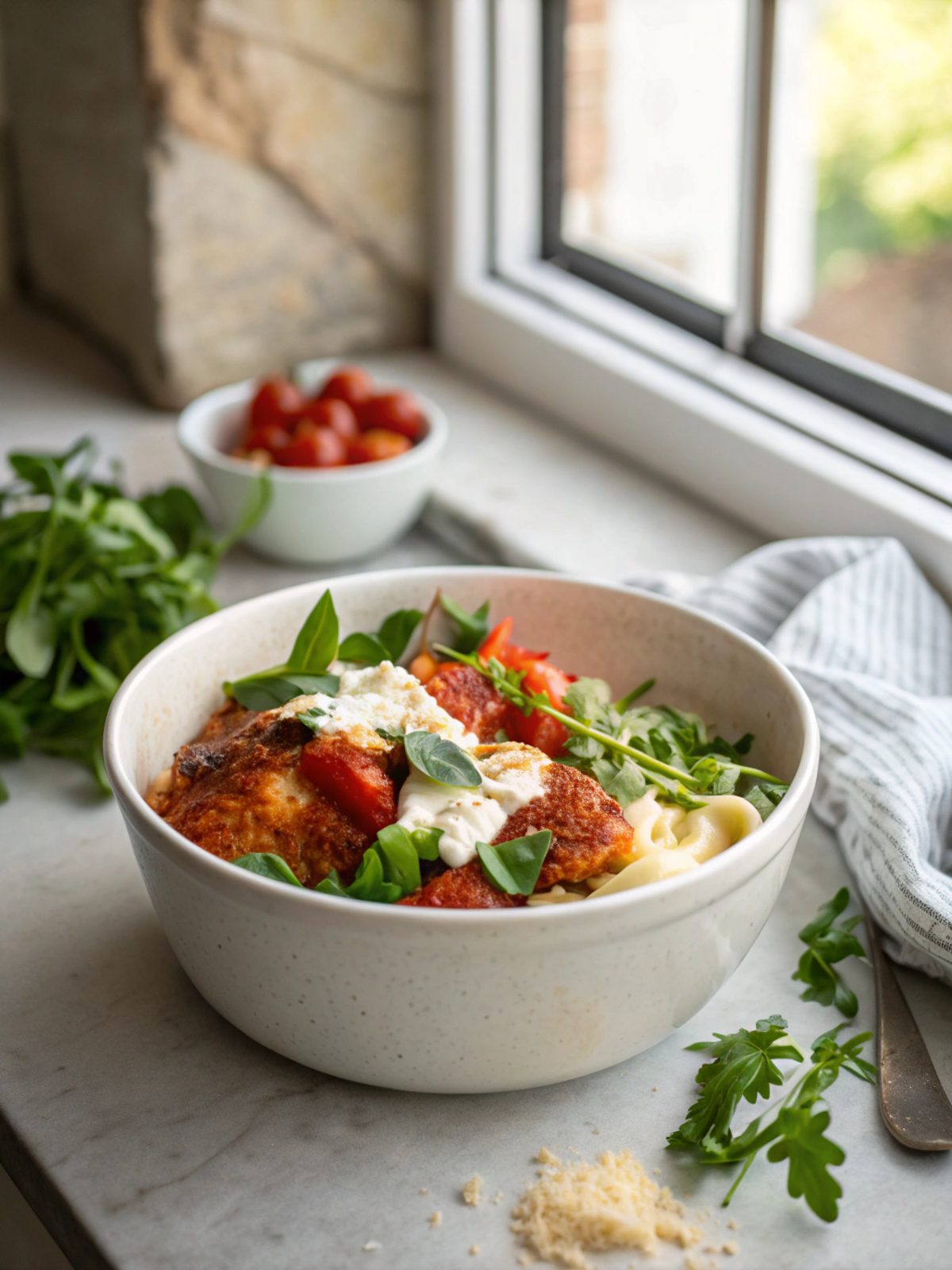 Delightful Cottage Cheese Chicken Parm Bowl, served hot.