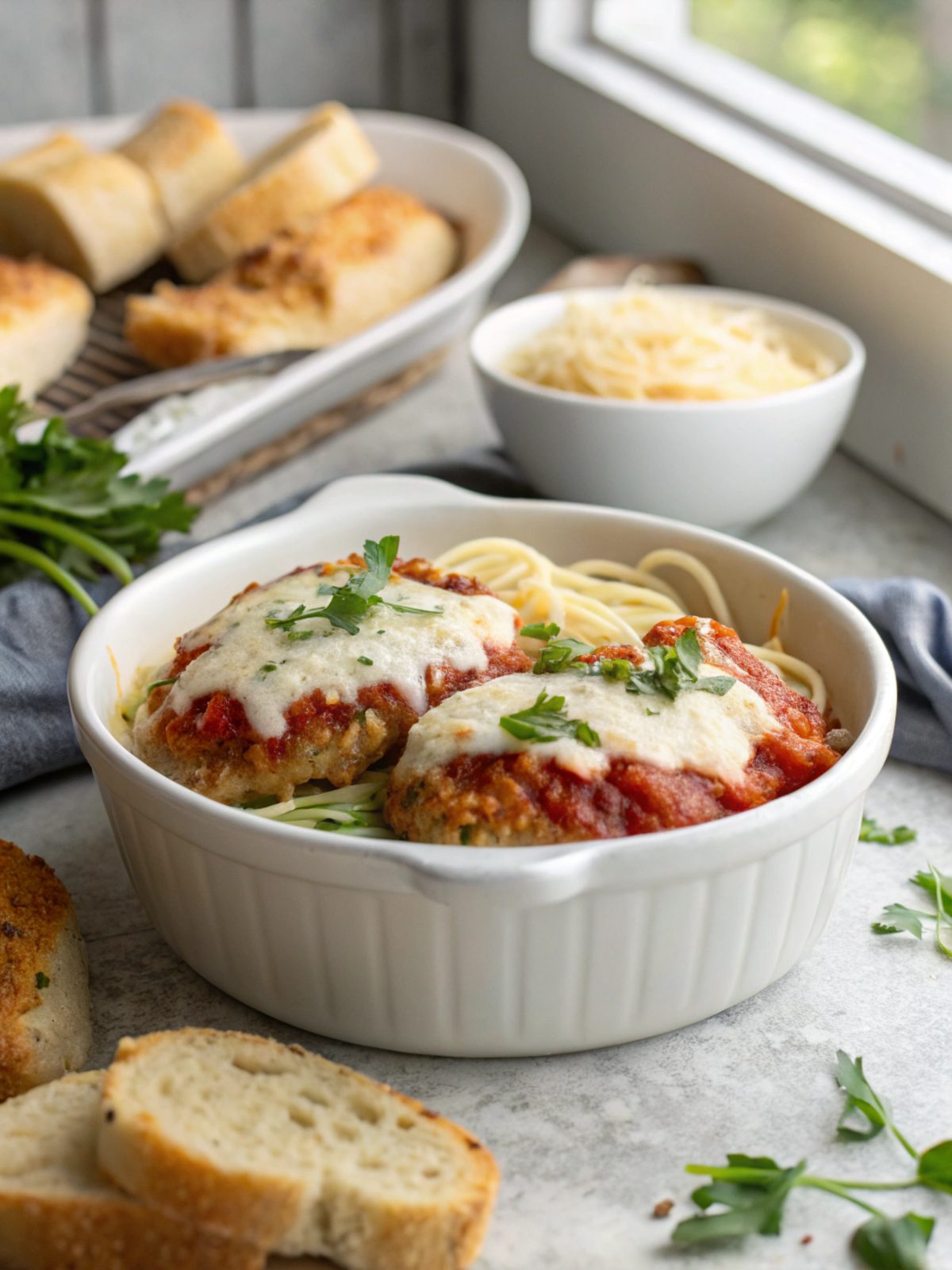 A plate of Deliciously Easy Cottage Cheese Chicken Parm with a golden cheese topping