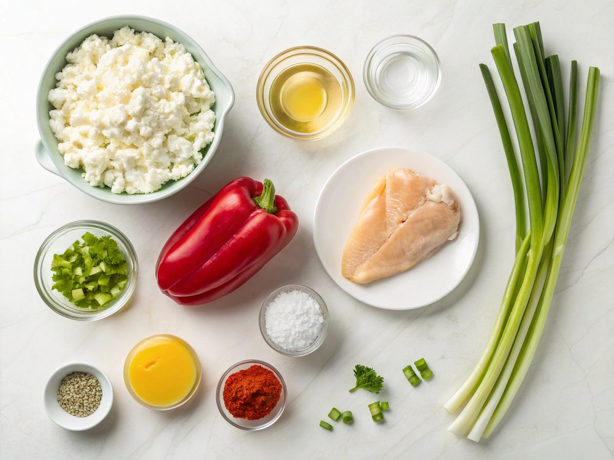 A flat lay of the ingredients needed for cottage cheese chicken salad