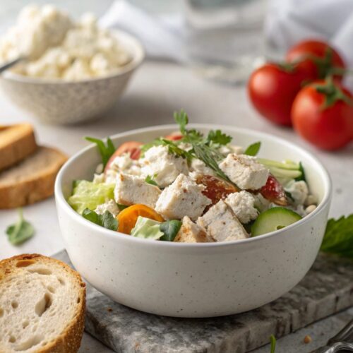 A vibrant display of Cottage Cheese Chicken Salad served in a bowl