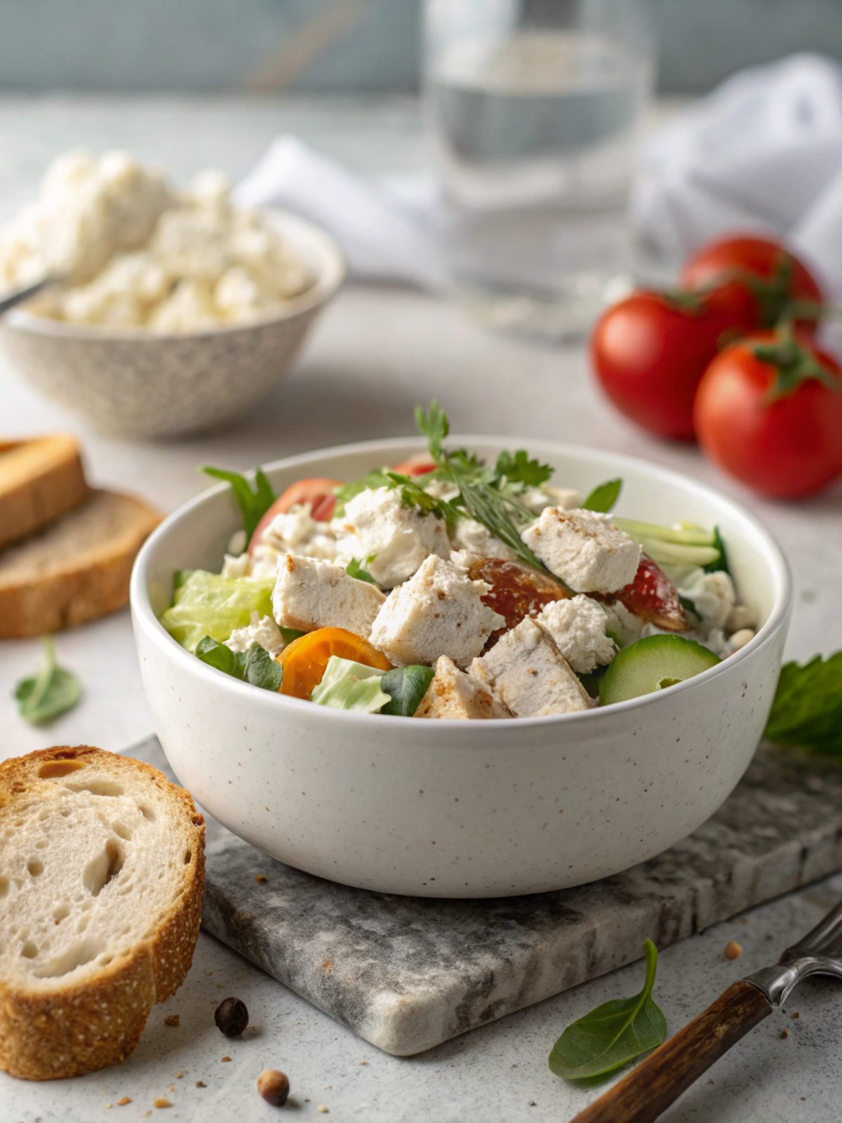 A vibrant display of Cottage Cheese Chicken Salad served in a bowl